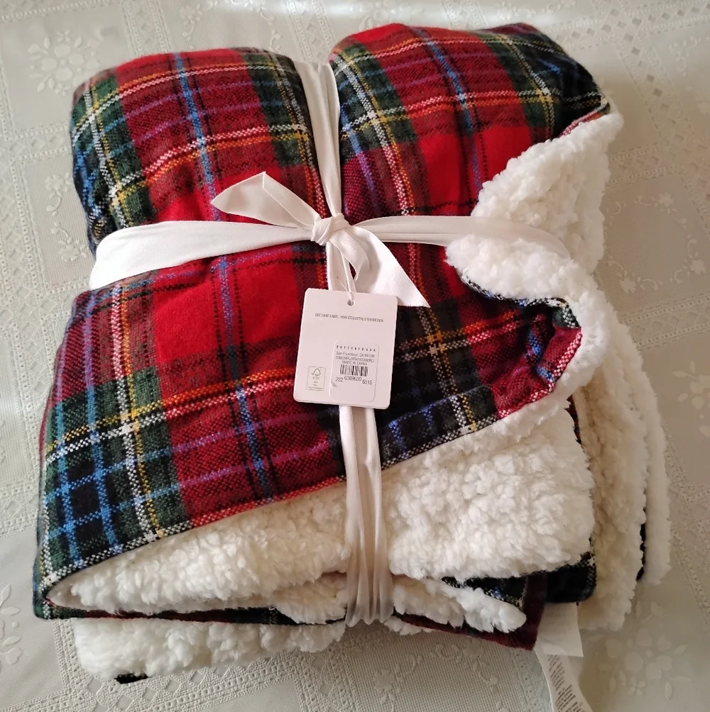🆕 Pottery Barn Winter Simon Plaid Sherpa Throw Blanket, Red Multi, 50x60” NWT